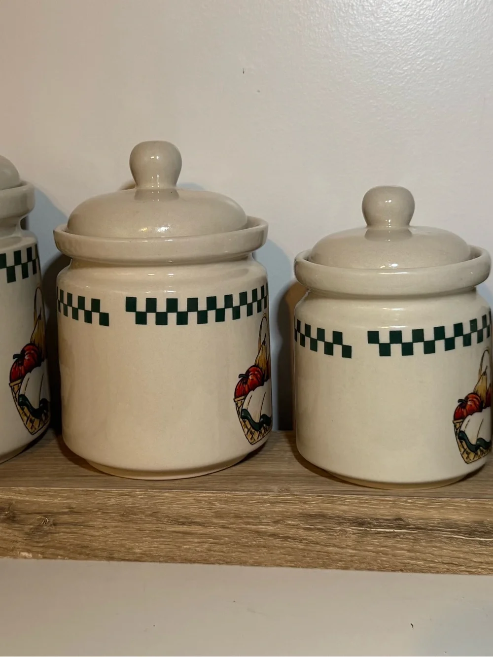 Gibson Cream Ceramic Canister with Green Check Border